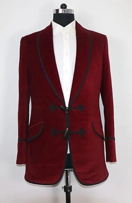 Mens velvet smoking jacket, full front view.
