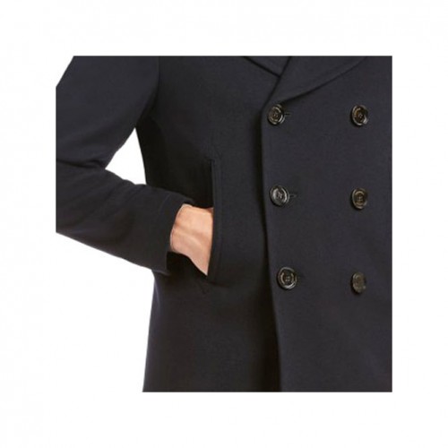 vertical piped pocket at the waist level in a coat