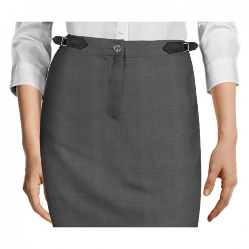 Buckle side adjuster waistband in women’s skirts.
