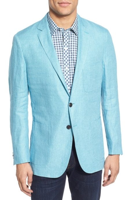 Mens turquoise linen jacket unlined and unstructured.