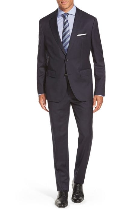 Mens 2 button solid navy wool suit full front view.