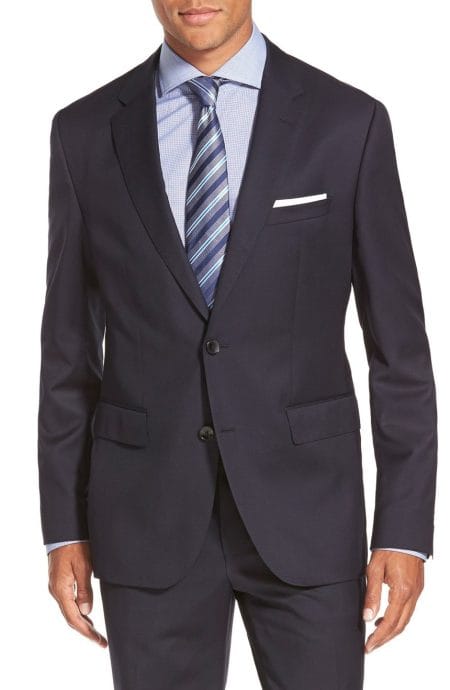 Mens 2 button solid navy wool suit jacket full front view.