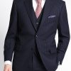 Navy blue pinstripe three-piece suit jacket front view.