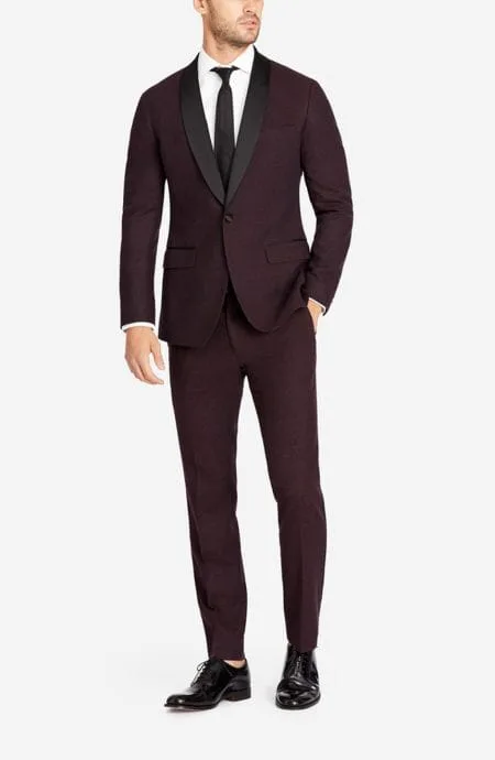 Mens burgundy flannel tuxedo, full front view.