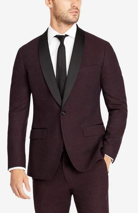 Mens burgundy flannel tuxedo jacket, full front view.