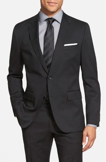 The Essential Black Suit jacket, front view, showing the custom, 2 buttons cut and pick stitched notch lapel.