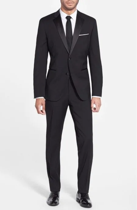 Mens black mohair tuxedo custom-made, full front view.