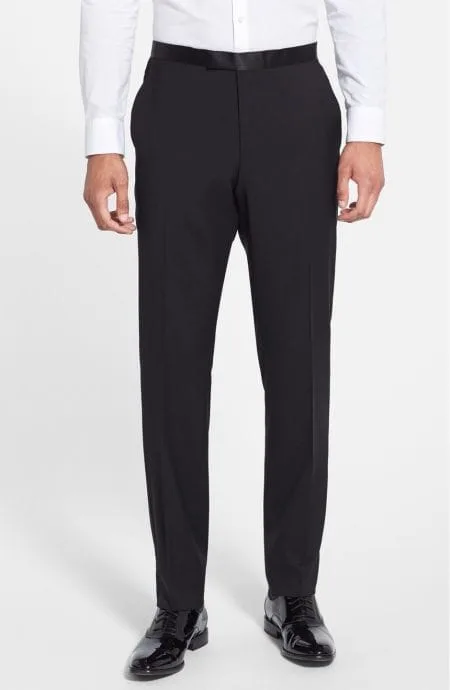 Mens black mohair tuxedo custom-made. Pants full front view.