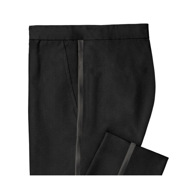 Fabric waistband in tuxedo pants.