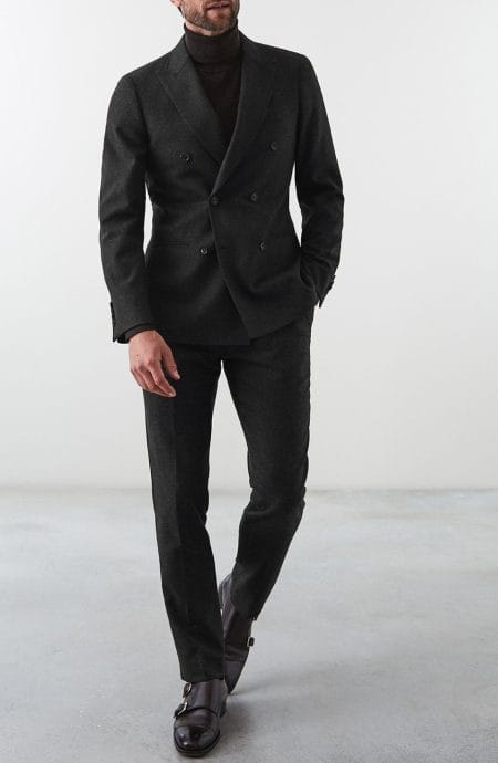 Mens double-breasted suit slim fit with peak lapel and 6 button front.