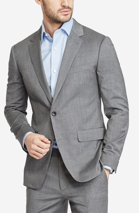 Grey tropical wool suit jacket full front view.