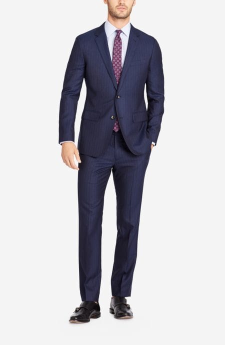 Mens navy chalk stripe wool suit.