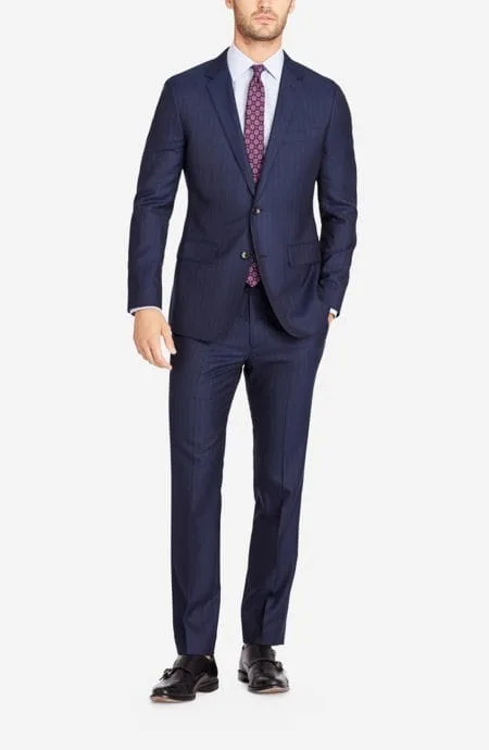 Mens navy chalk stripe wool suit.