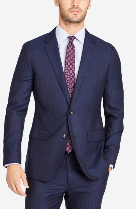 Mens navy chalk stripe wool suit jacket full front view.