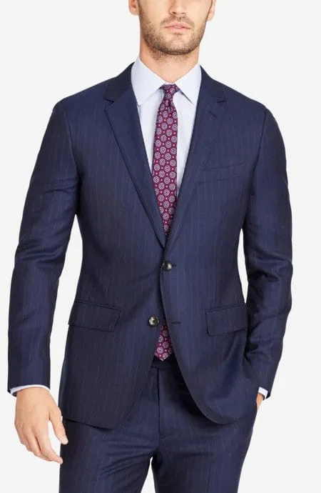 Mens navy chalk stripe wool suit jacket full front view.