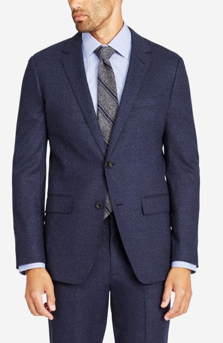 Mens navy wool flannel suit jacket full front view.
