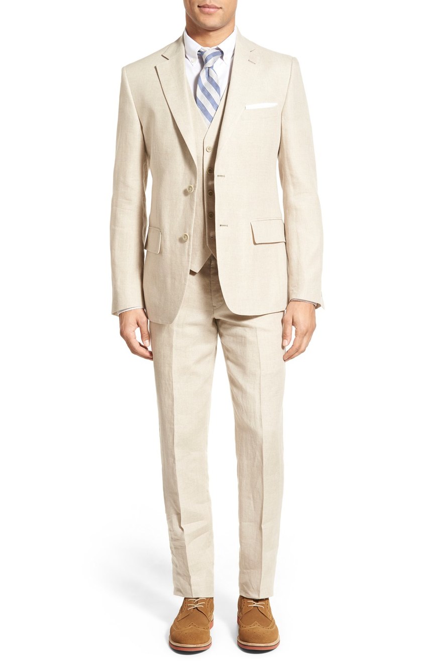 Linen wedding party suit crafted for the groom, groomsmen, usher