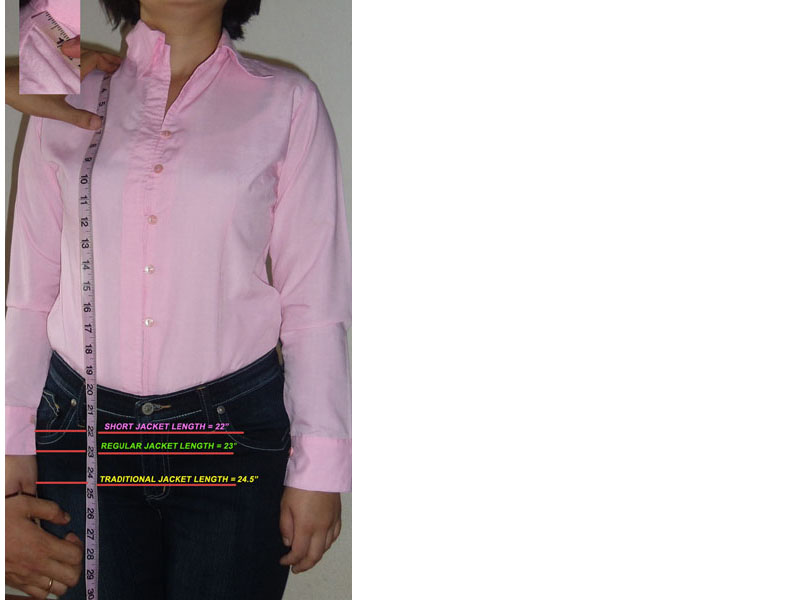 Measuring women's jacket length for custom-made garments.