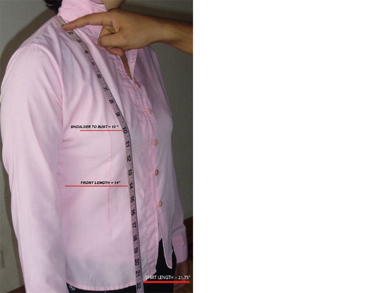 Measuring women's shirt length for custom-made garments.