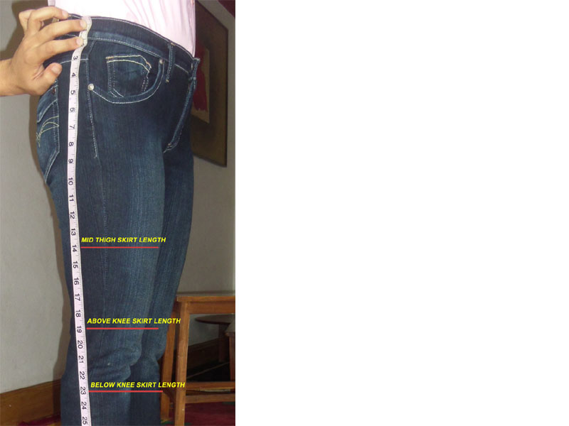 Measuring women's skirt length for custom-made garments.