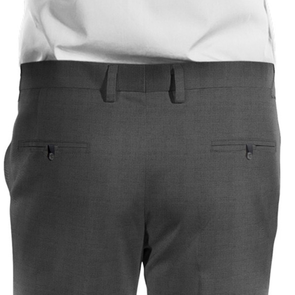 Pants piped back pockets with button and loop closure