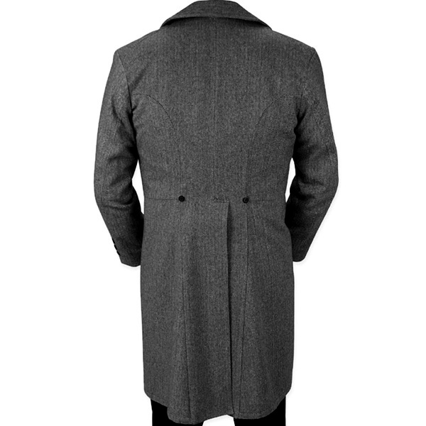 frock coat back with princess seam, off-center vent, waist seam, and stitched frock bottom