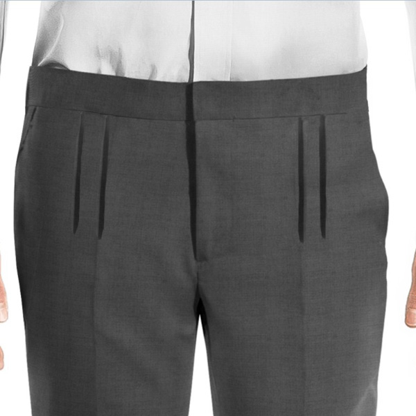 Double forward-facing pleats in pants