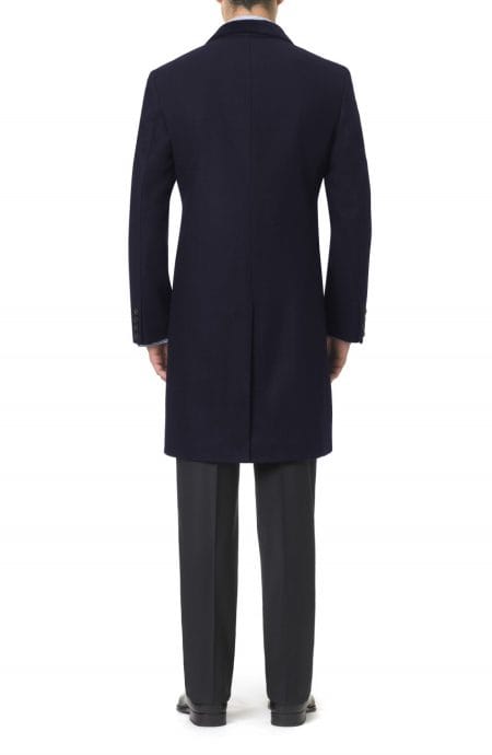 men's navy topcoat with velvet collar full back view