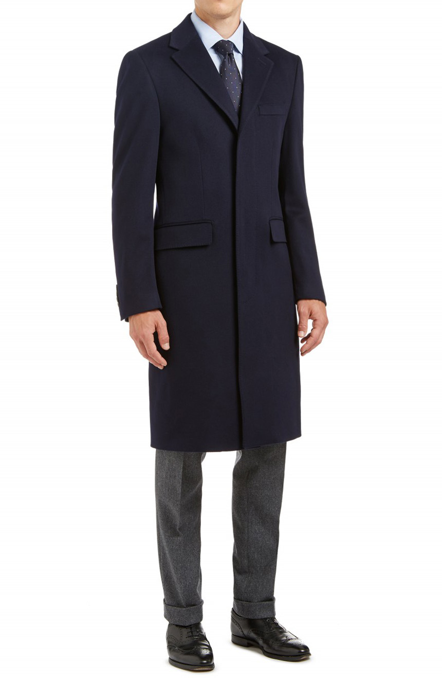 Navy wool cashmere topcoat in full length | Baron Boutique