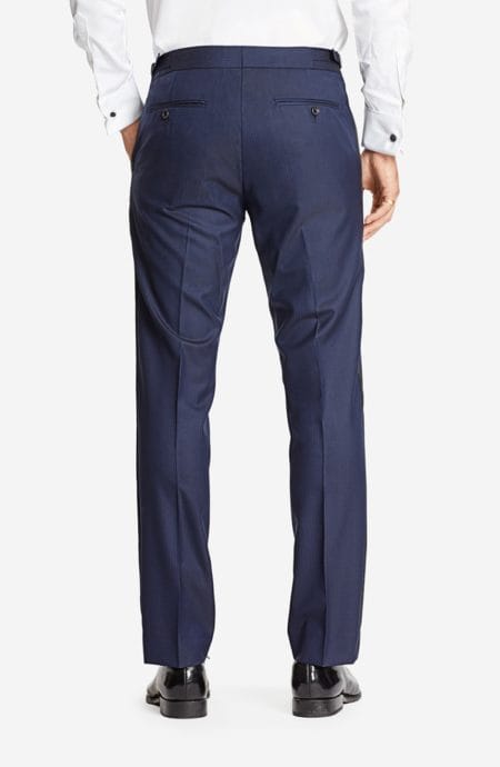 Navy blue tuxedo pants full back view.