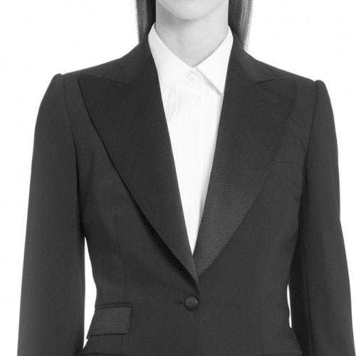 Wing width lapels in a women’s jacket.