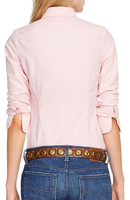 Pink oxford shirt womens with long sleeves and button-down collar back view.