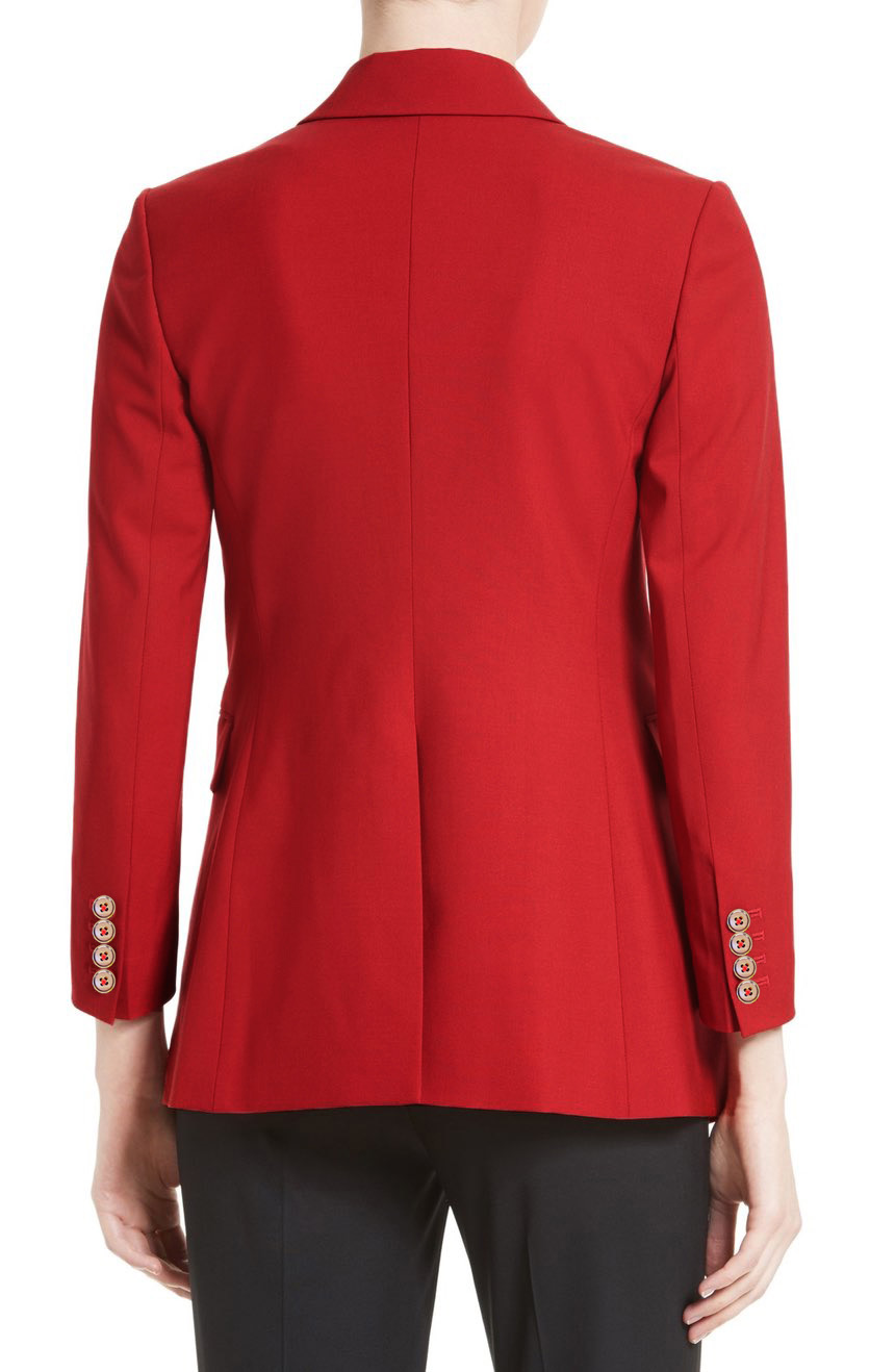 Women's red blazer jacket with laples and a collar