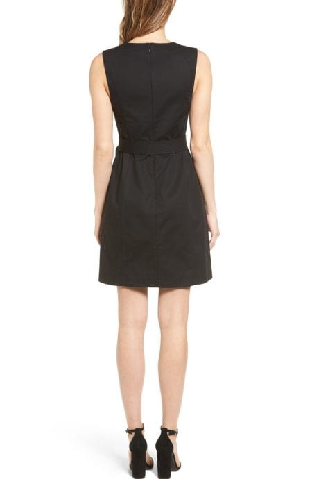 Belted V-neck shift dress with pockets and knee-length full back view.