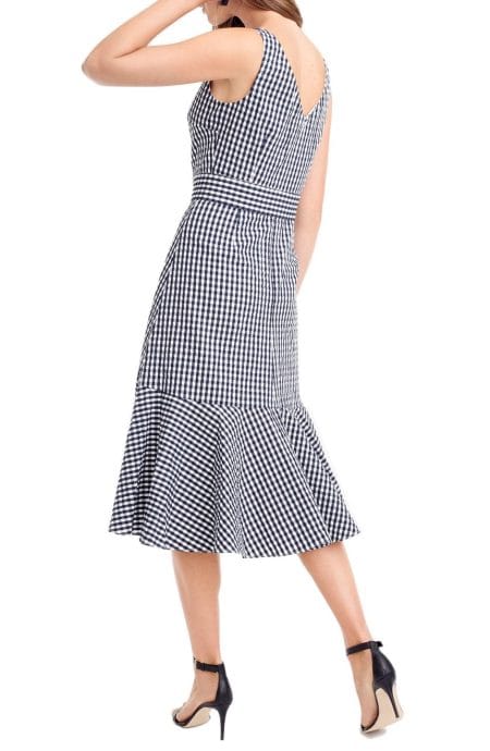 Gingham ruffle hem midi dress with removable belt full back view.