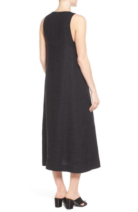 Long linen dress sleeveless for summer and beach weddings full back view.