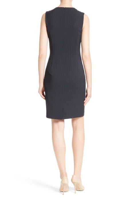 Sheath V-neck above knee length mother of bride dress full back view.
