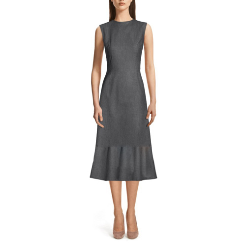 Ruffle hem in women’s dress with no back vent.