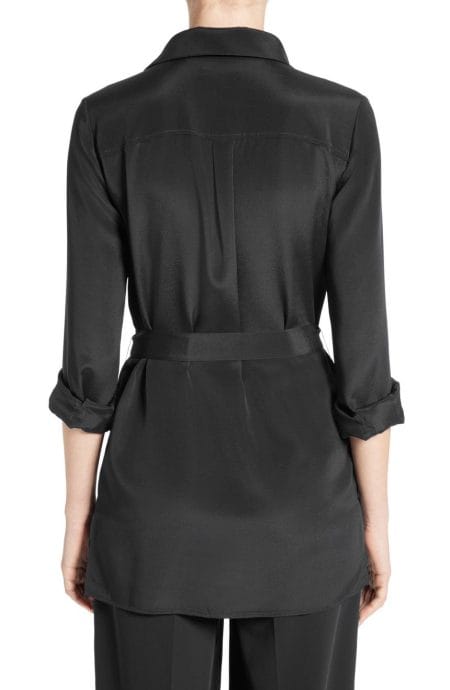 Silk shirt dress womens in crepe silk with a belted waist and long sleeves full back view.