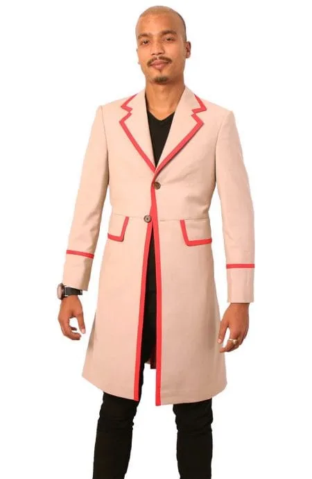 5th Doctor cosplay beige frock coat with red piping details, a full front view.