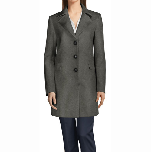 Wide notch lapels in a women’s coat.