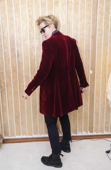 Womens burgundy velvet coat replica from the 12th Doctor Who side view.