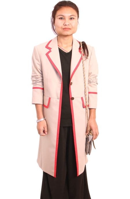 Womens beige frock coat with red stripe inspired by 5th Doctor Who