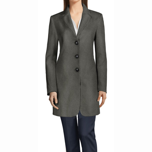 Rounded front hem in a women’s coat.