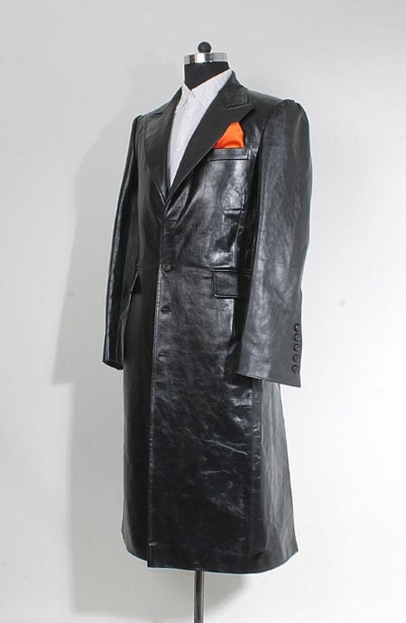 Women's leather car coat full side view to cosplay Joker from The Dark Knight.
