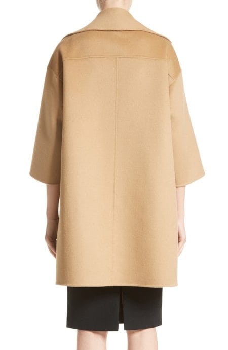 Womens long dress coat oversized with drop shoulders full back view.