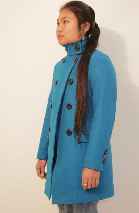 Womens peacoat wool double-breasted custom-made in the turquoise full side view.