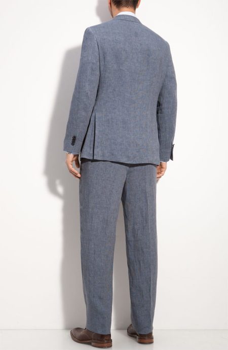 Blue linen suits for men full back view.
