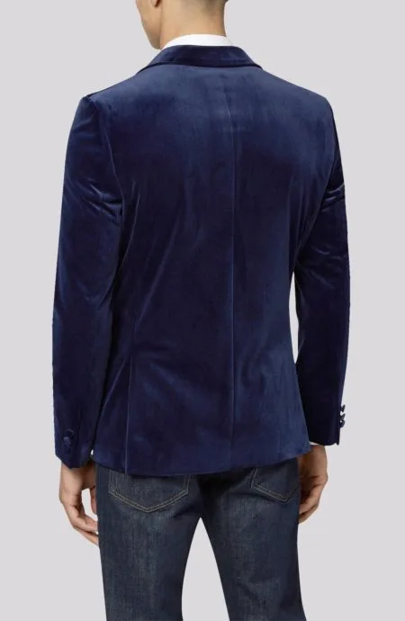 Blue velvet dinner jacket full back view.