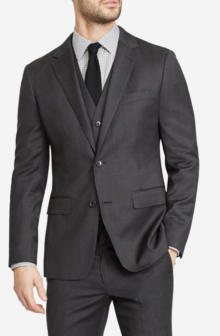 Men's dark grey notch lapel 3 pieces suit jacket front view.